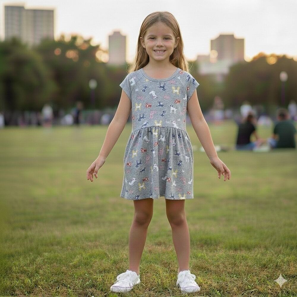 Joules Gray Dog Print Short Sleeve Fit & Flare Girls Dress 7 - 8
